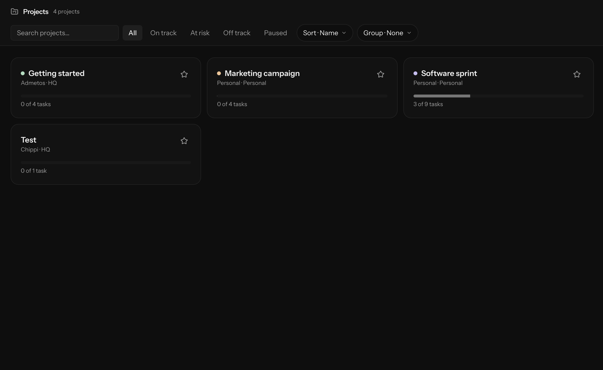 The projects directory in operate.to, with per-project status and task rollups
